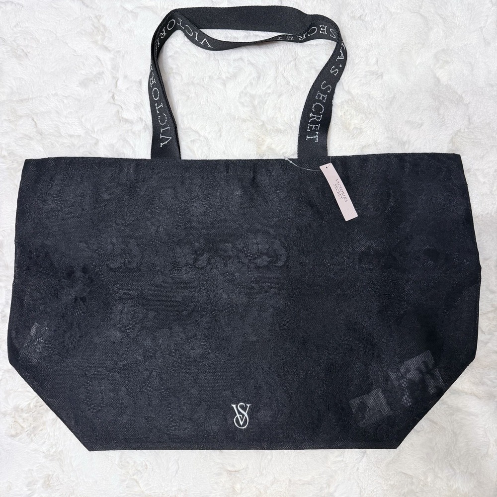 Victoria's Secret Black Floral Lace Tote Bag Diamanté Logo Strap Glitter NWT
